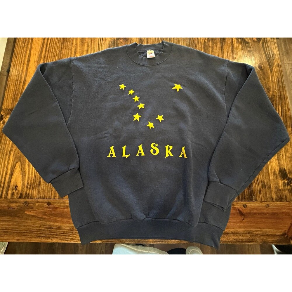 VTG 90s Fruit of the Loom Alaska State Flag Sweatshirt XL Navy Made USA